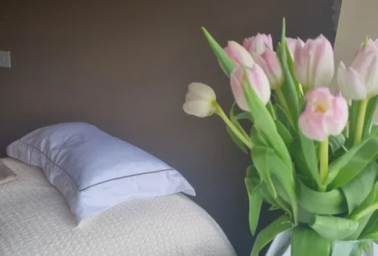 1000034962 Reflexology bed for treatments with flowers on the room's windowsil